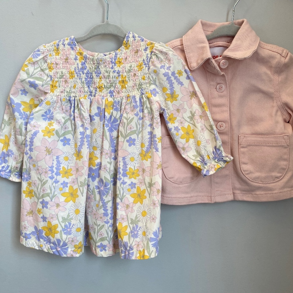 NEW Smocked floral Dress with long sleeves + Denim Jacket